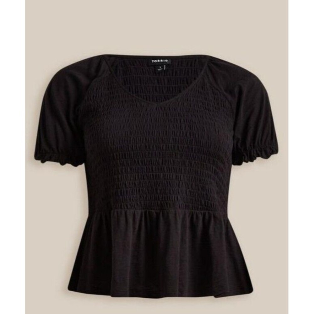 NWT Torrid 2XL 18-20 Cotton Modal Black Slub Smocked Short Sleeve Babydoll Shirt